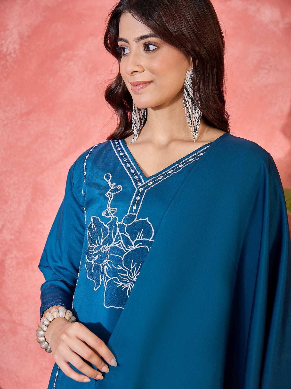 Women's Teal Silk Embroidered Readymade Kurta Set