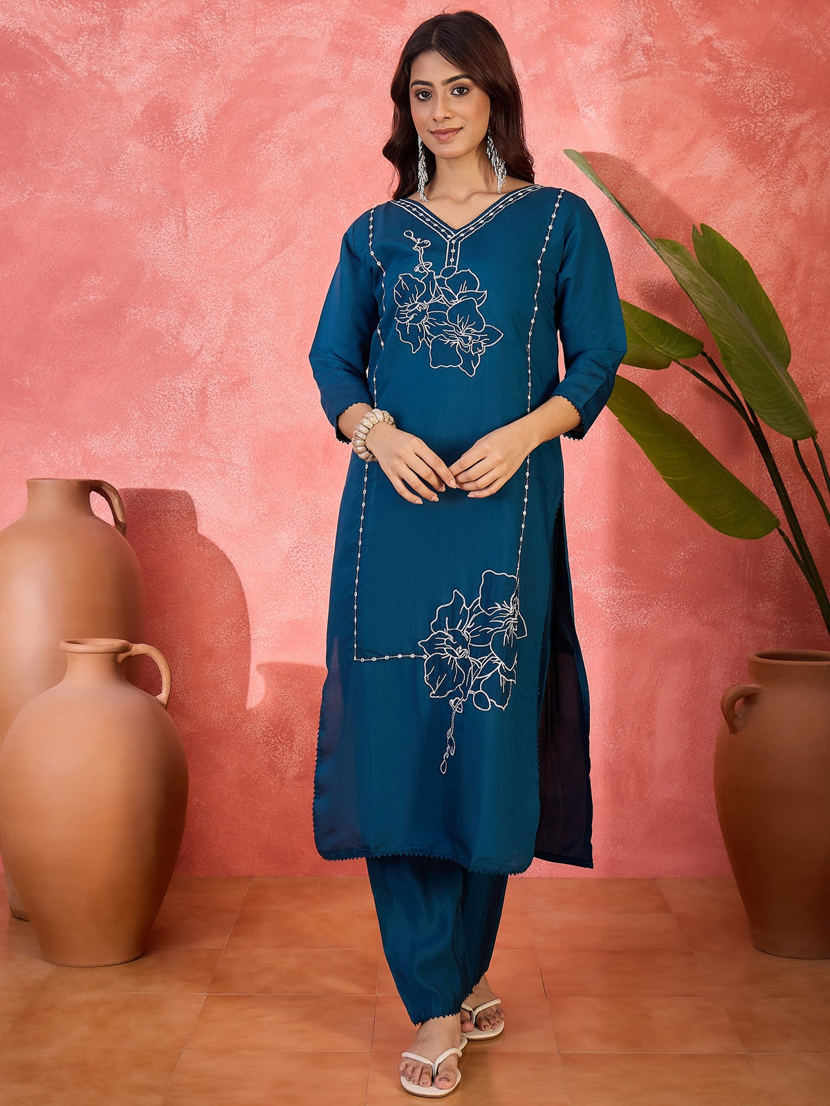 Women's Teal Silk Embroidered Readymade Kurta Set
