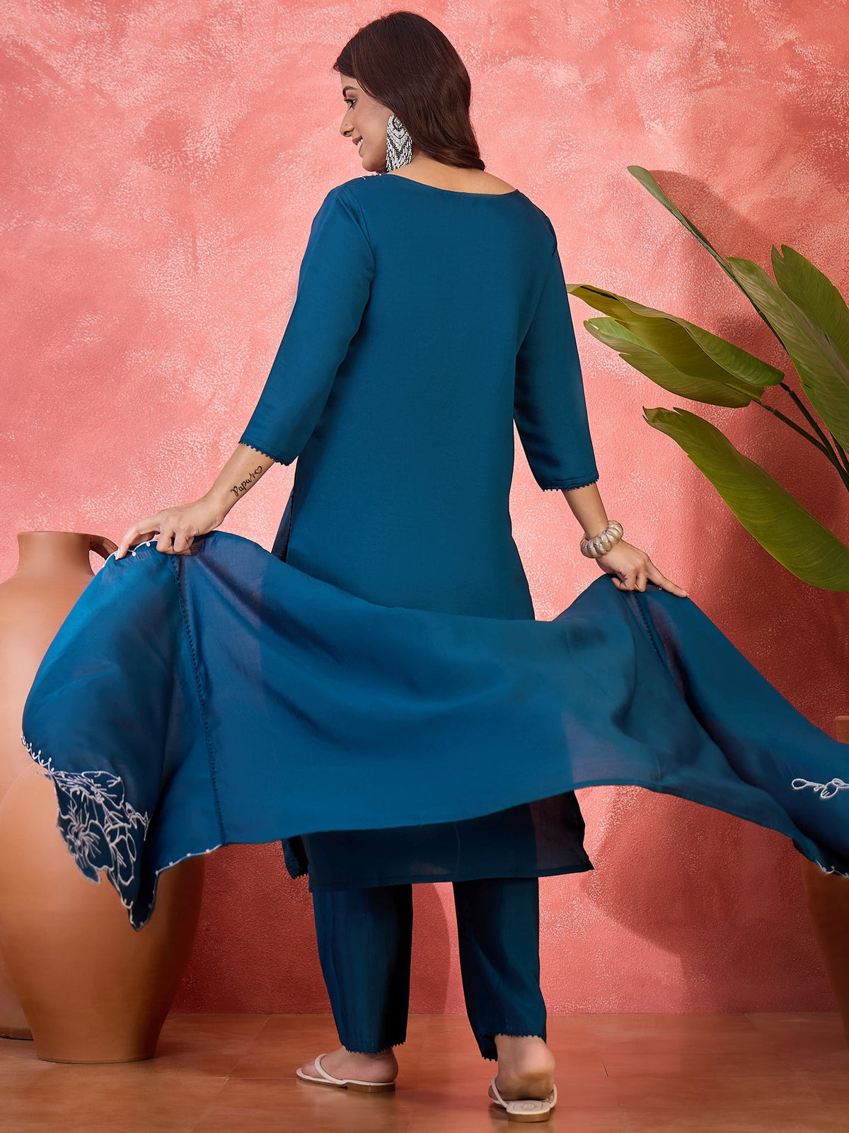 Women's Teal Silk Embroidered Readymade Kurta Set