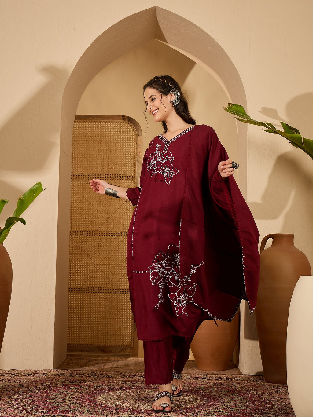 Maroon Silk Embroidered Readymade Kurta Set for Women