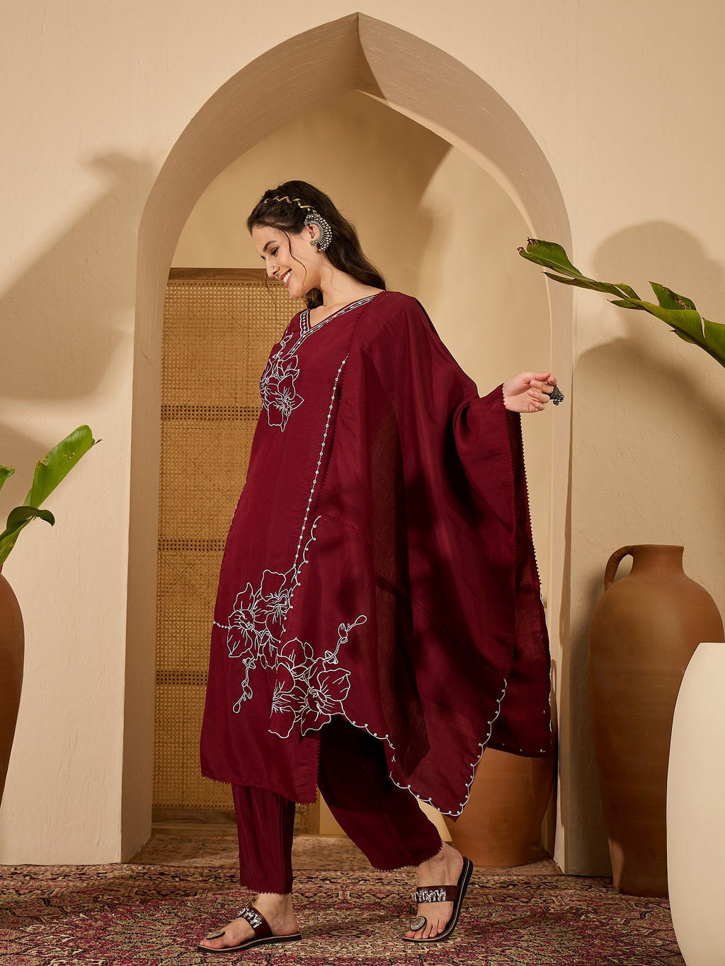 Maroon Silk Embroidered Readymade Kurta Set for Women