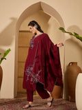 Maroon Silk Embroidered Readymade Kurta Set for Women