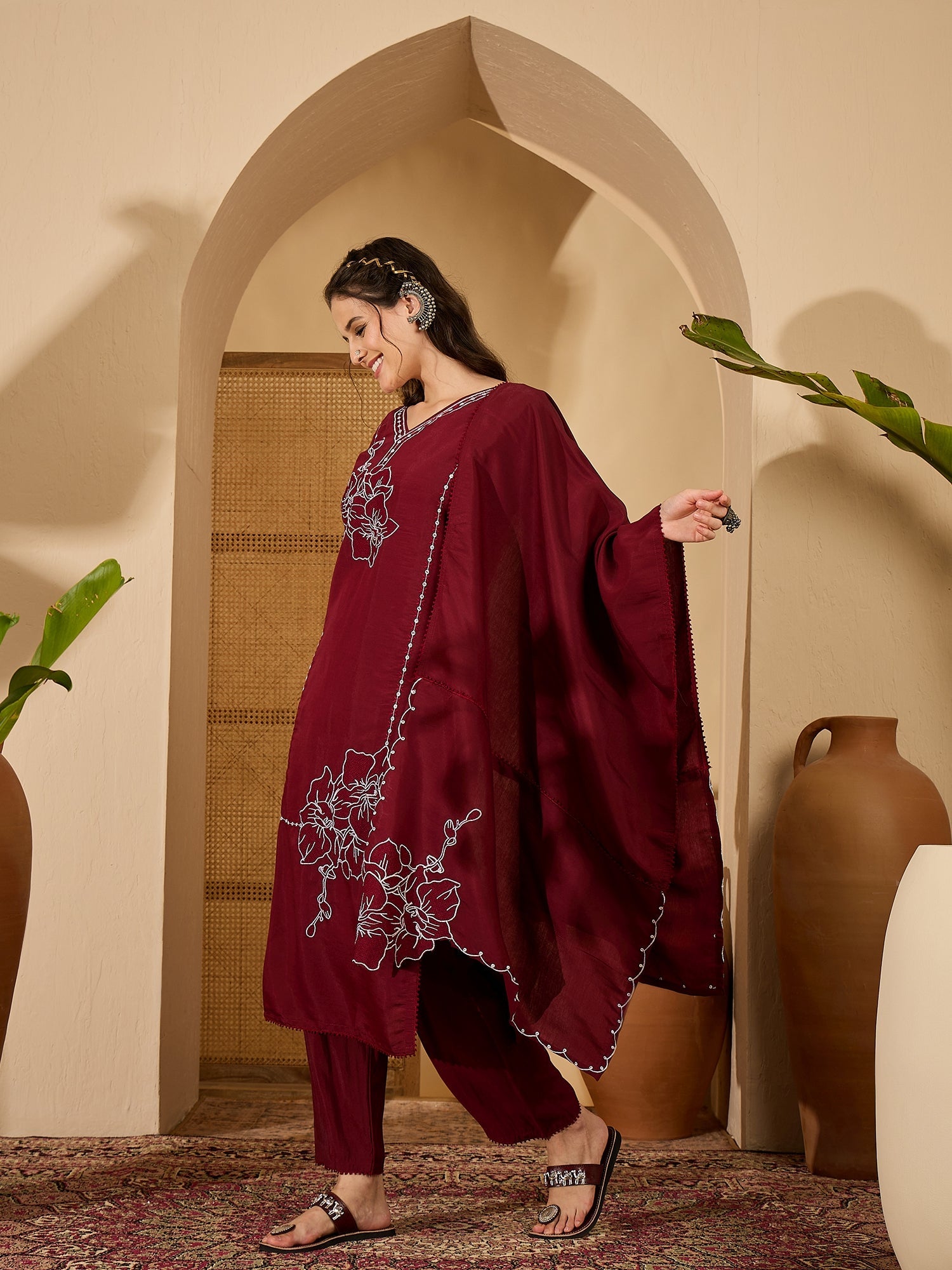 Maroon Silk Embroidered Readymade Kurta Set for Women