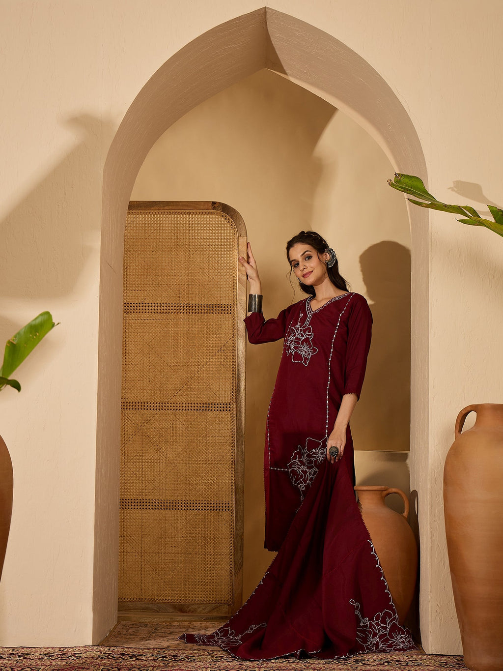 Refined maroon silk embroidered readymade kurta set