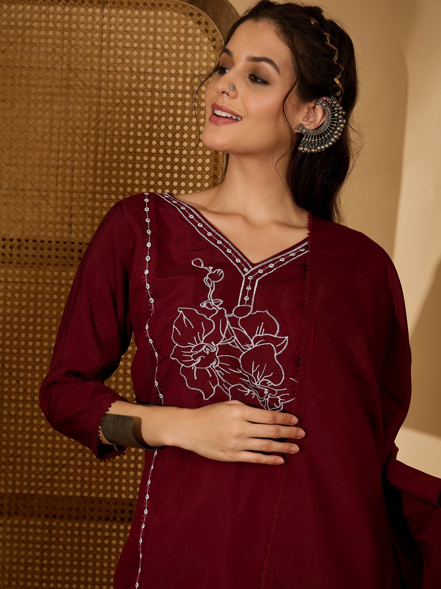 Maroon Silk Embroidered Readymade Kurta Set for Women