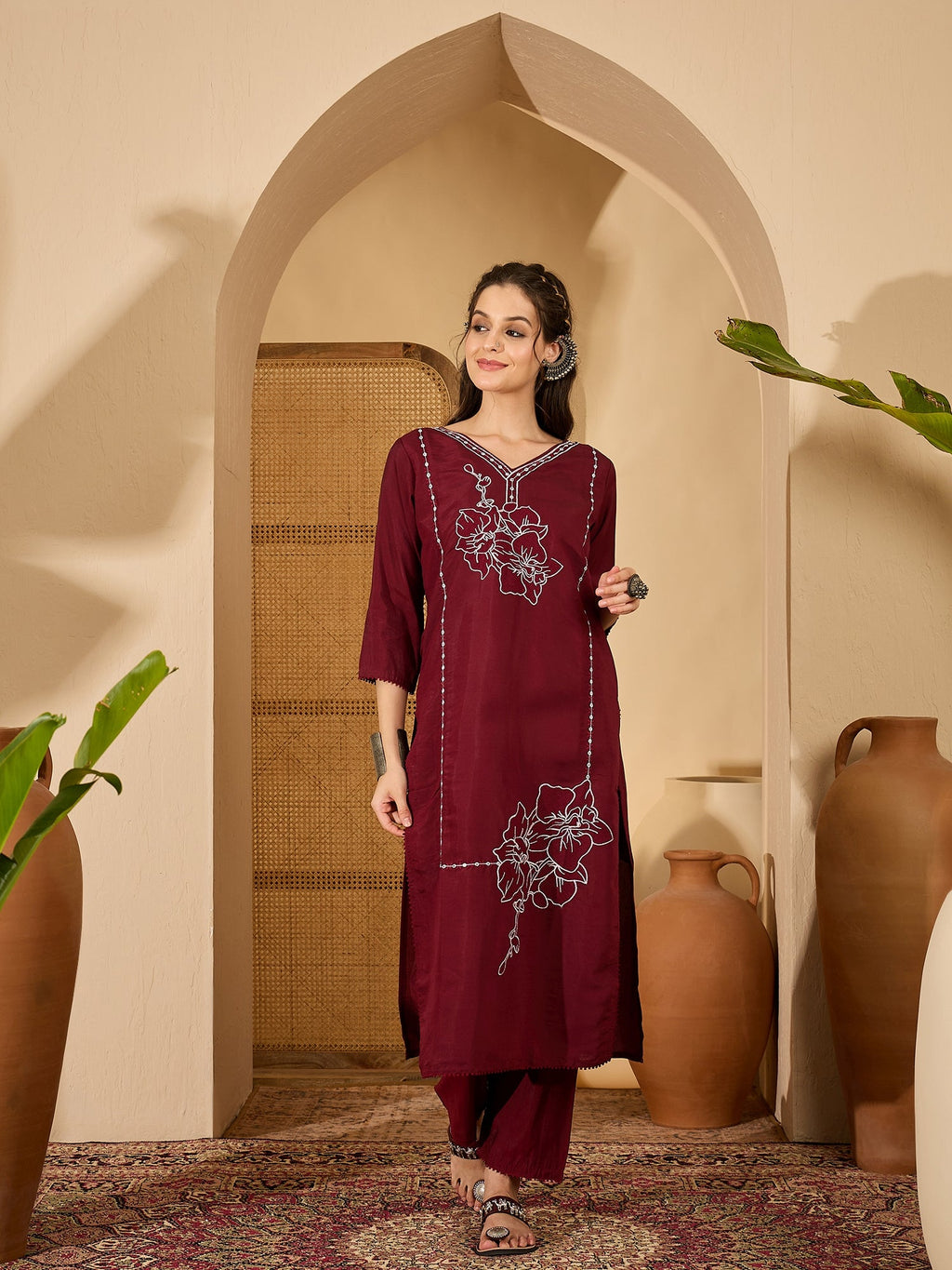Maroon Silk Embroidered Readymade Kurta Set for Women