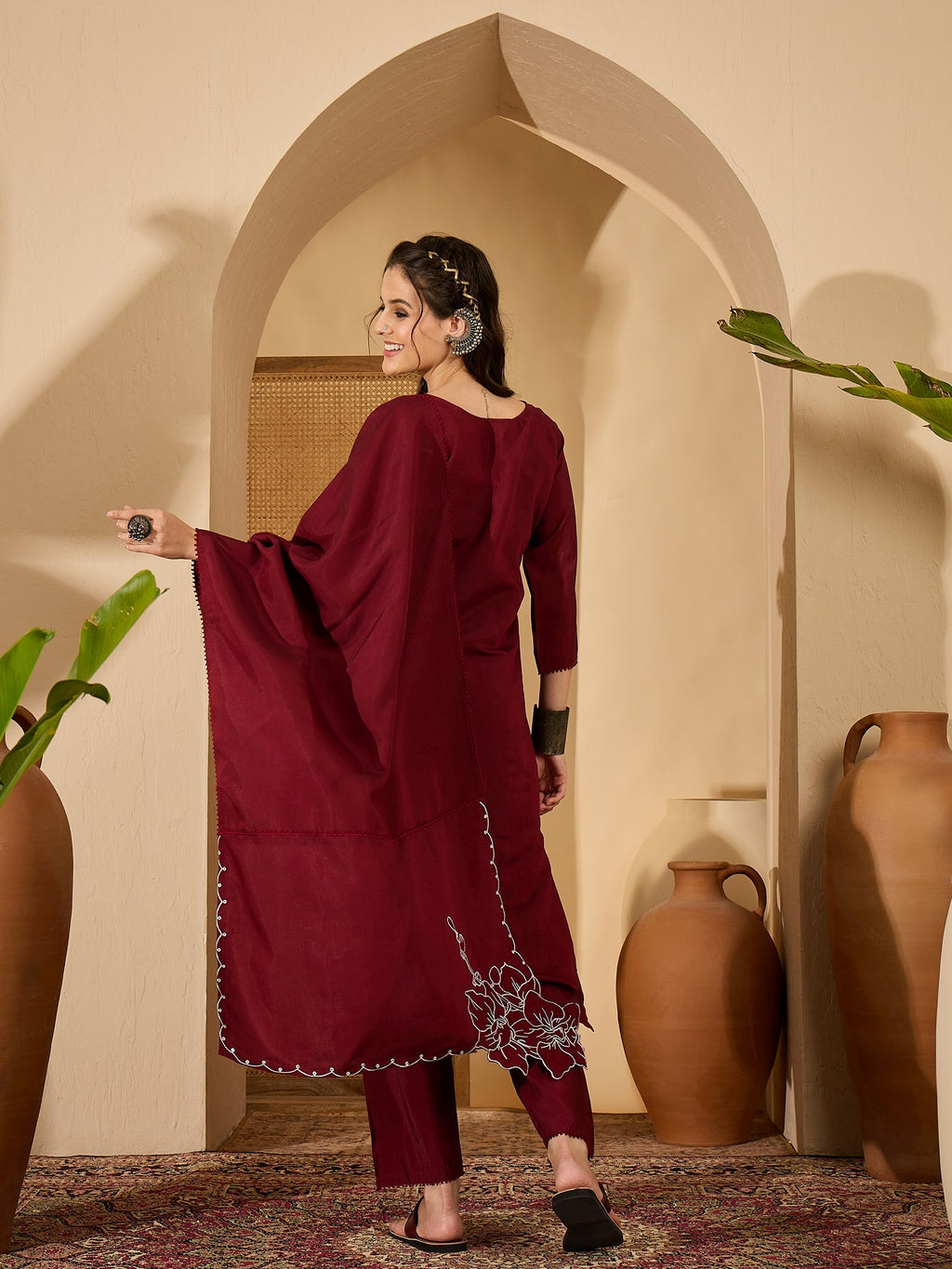 Maroon Silk Embroidered Readymade Kurta Set for Women