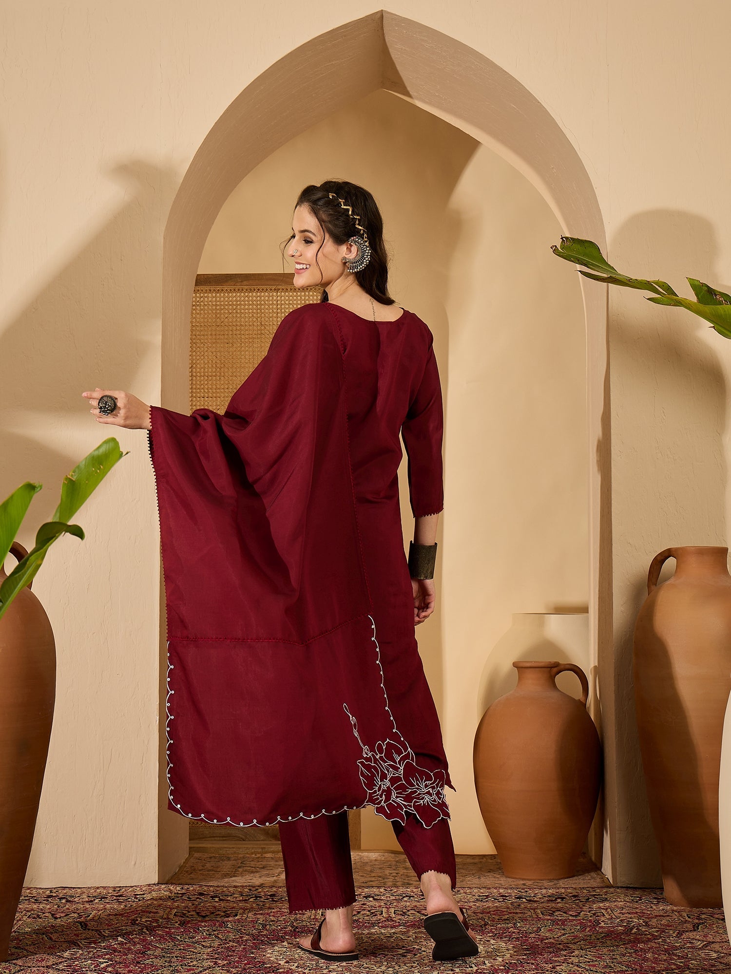 Maroon Silk Embroidered Readymade Kurta Set for Women