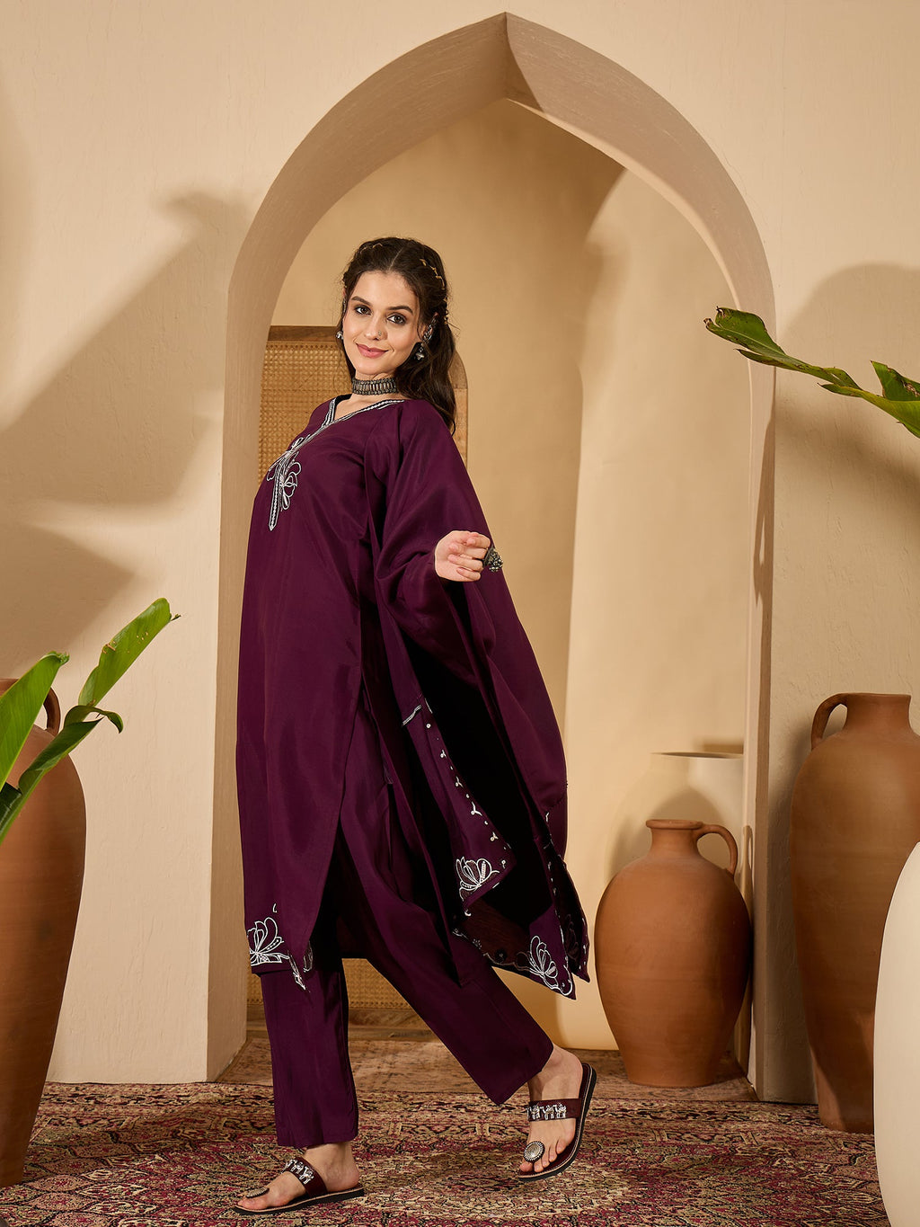 Women's Purple Silk Embroidered Readymade Kurta Set