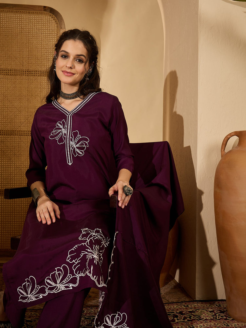 Women's Purple Silk Embroidered Readymade Kurta Set