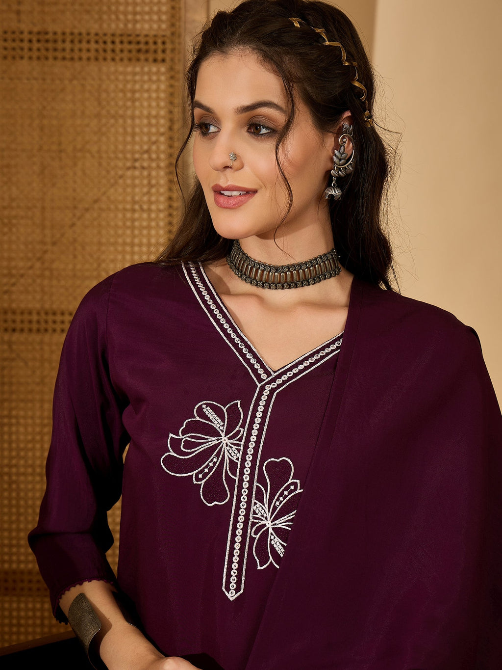 Women's Purple Silk Embroidered Readymade Kurta Set
