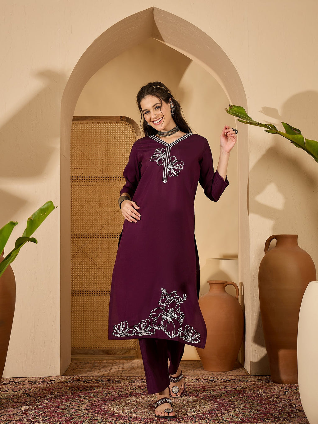 Women's Purple Silk Embroidered Readymade Kurta Set