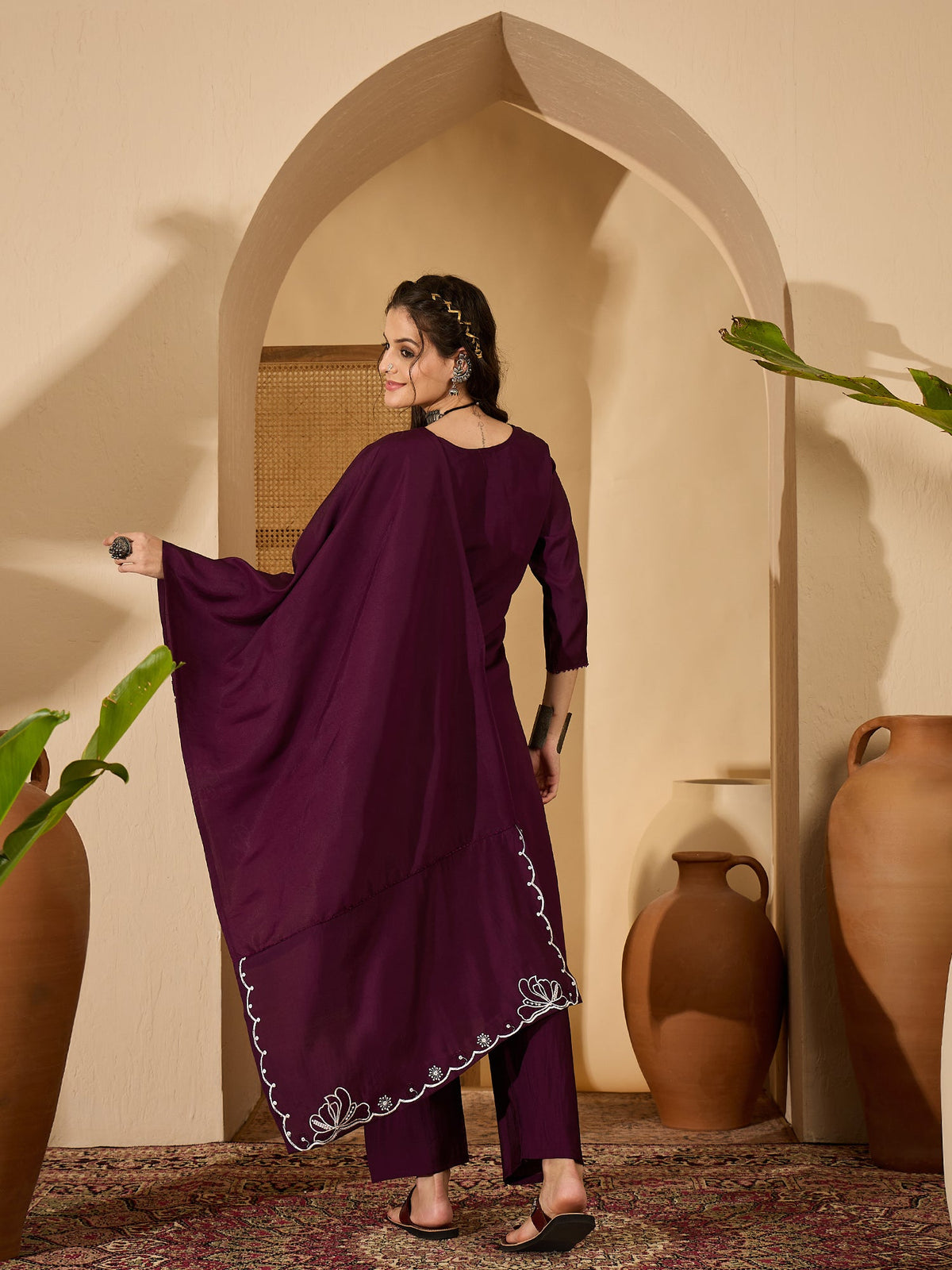 Women's Purple Silk Embroidered Readymade Kurta Set