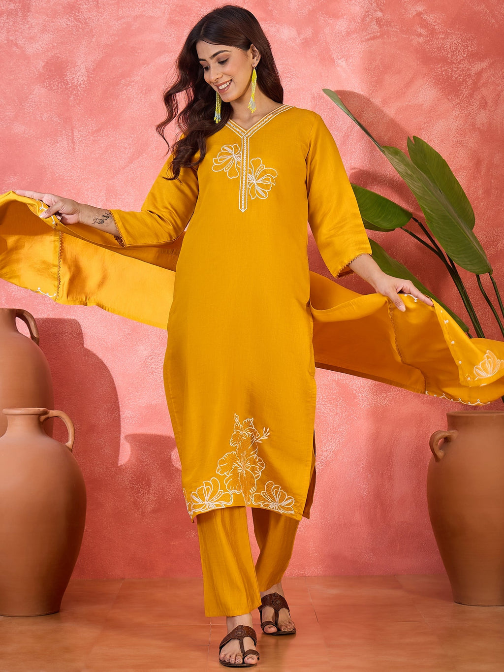 Yellow Silk Embroidered Readymade Kurta Set with V-Neck