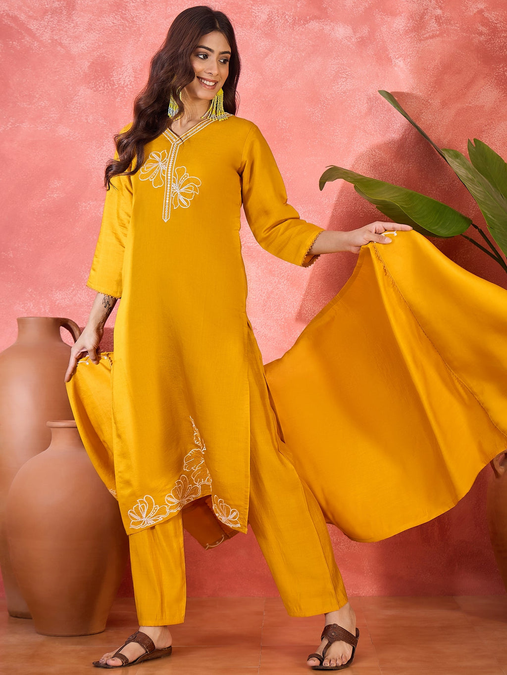 Yellow Silk Embroidered Readymade Kurta Set with V-Neck