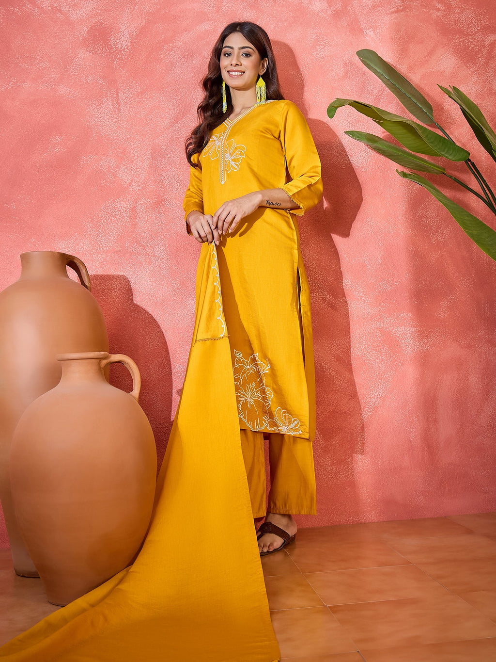 Yellow Silk Embroidered Readymade Kurta Set with V-Neck