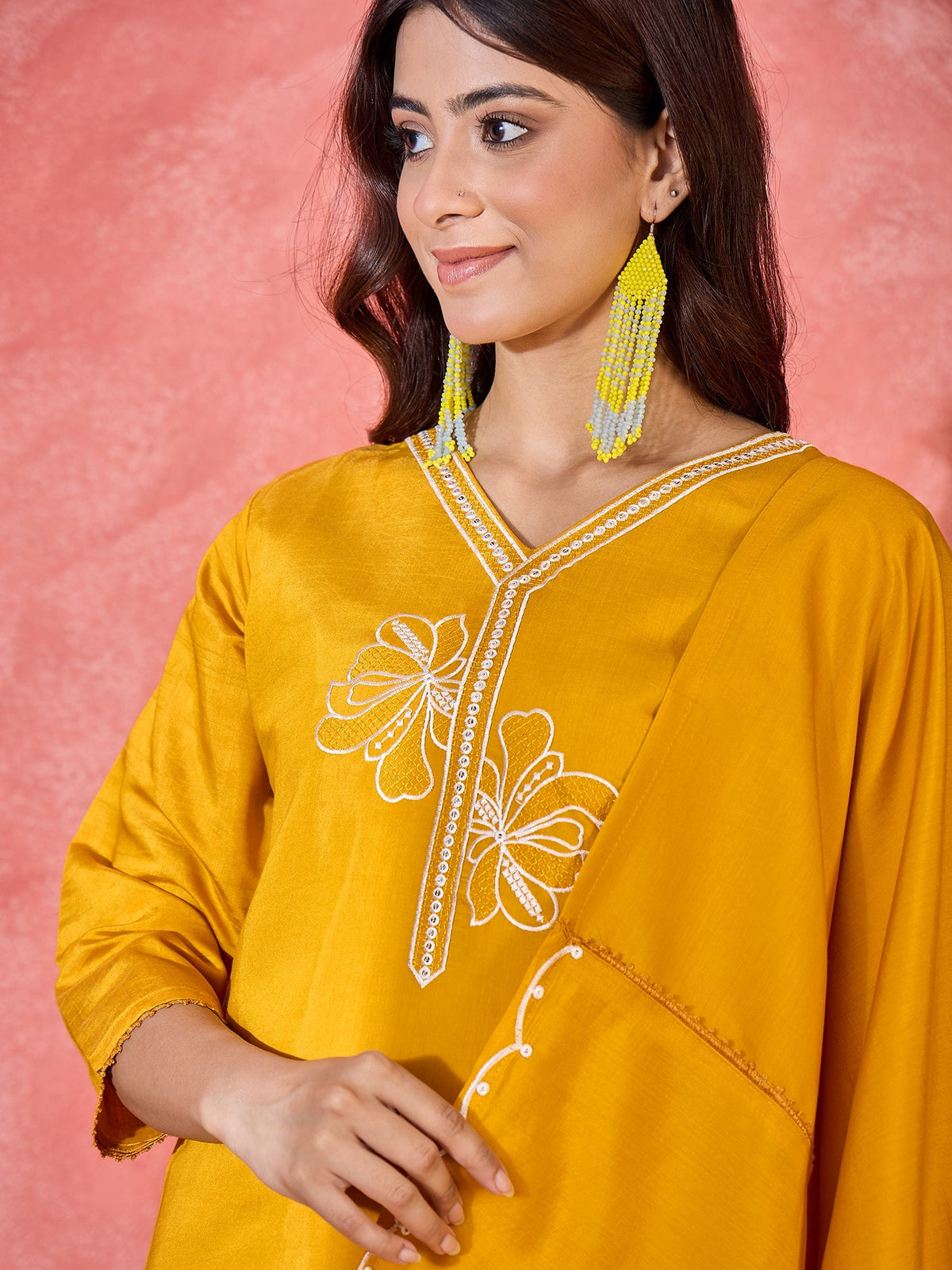 Yellow Silk Embroidered Readymade Kurta Set with V-Neck
