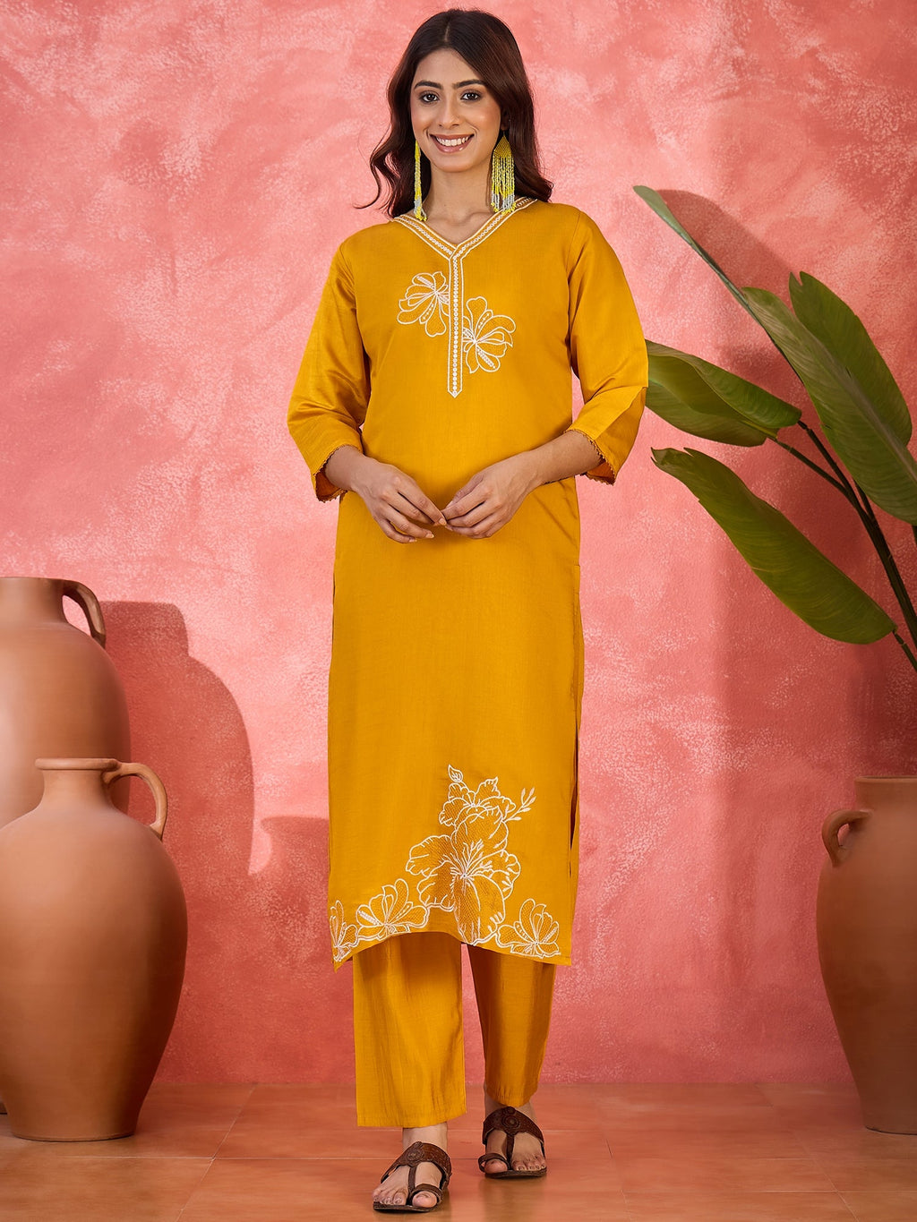 Yellow Silk Embroidered Readymade Kurta Set with V-Neck