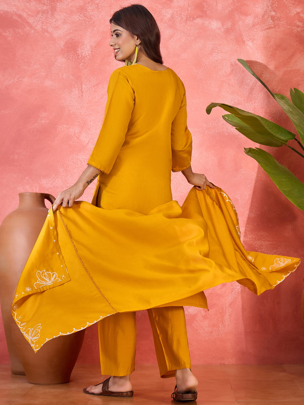 Yellow Silk Embroidered Readymade Kurta Set with V-Neck