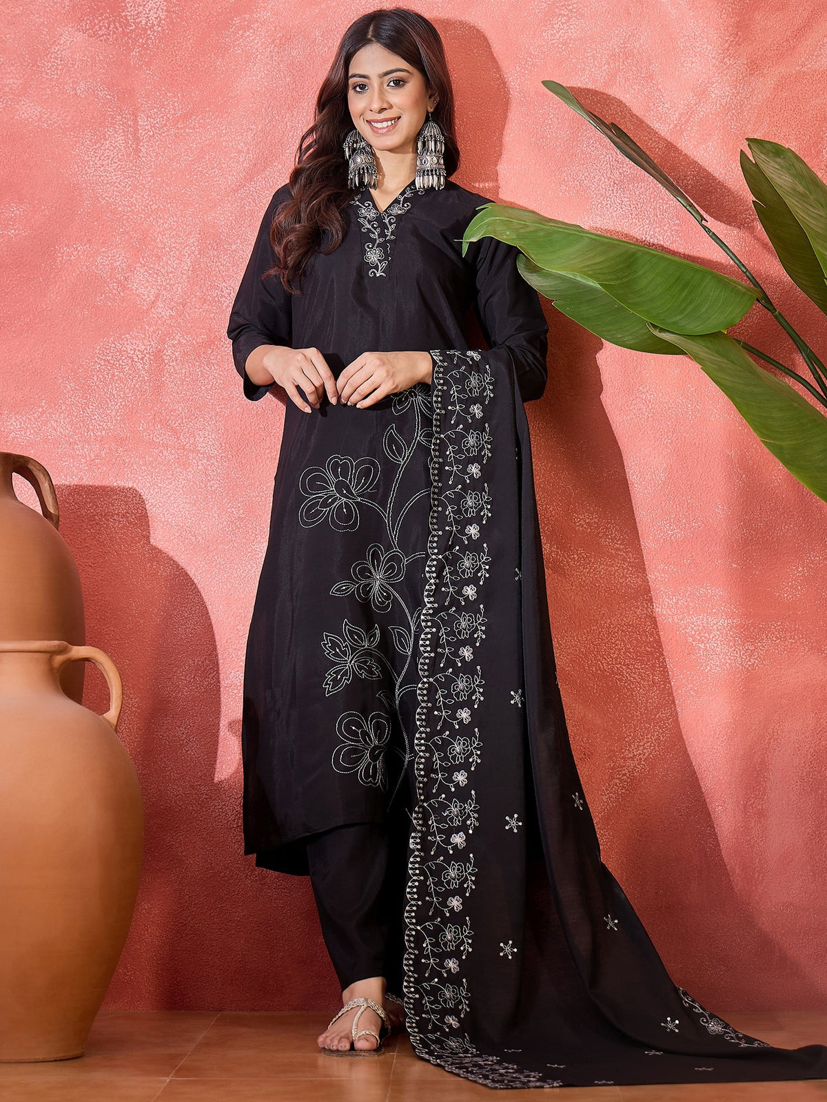Black Silk Readymade Kurta Set with Silver Embroidery Detailing