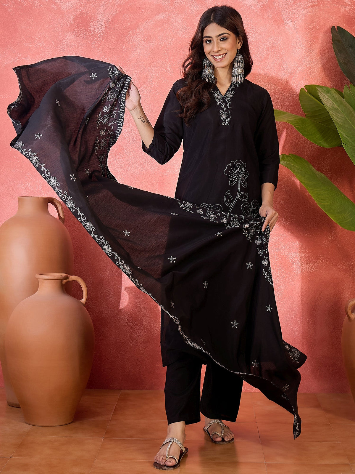 Black Silk Readymade Kurta Set with Silver Embroidery Detailing