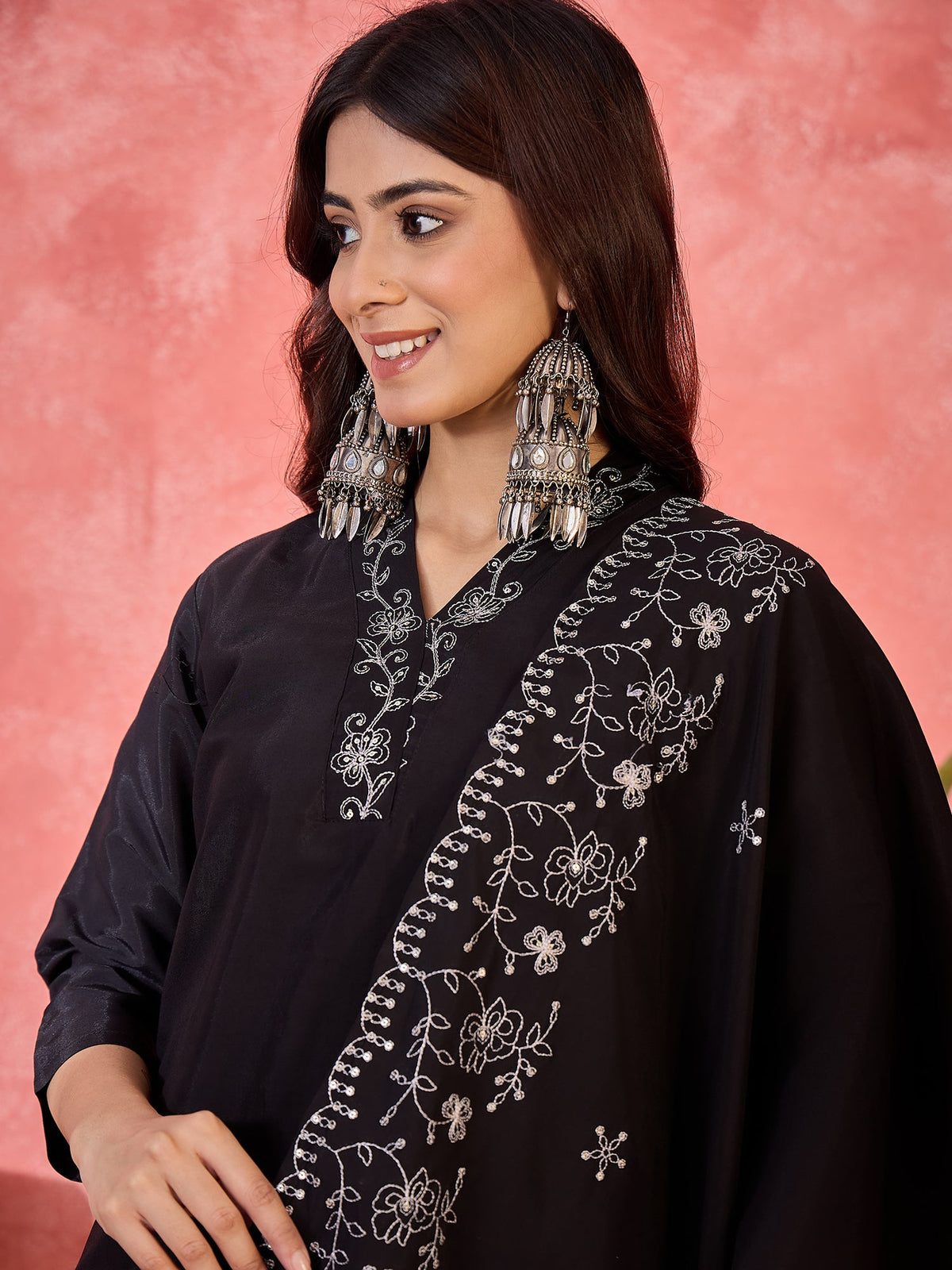 Black Silk Readymade Kurta Set with Silver Embroidery Detailing