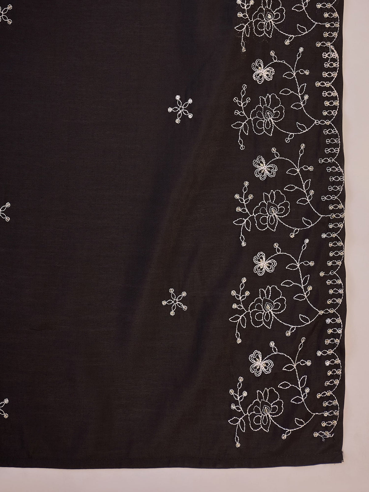 Black Silk Readymade Kurta Set with Silver Embroidery Detailing