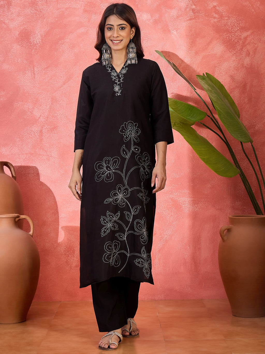 Black Silk Readymade Kurta Set with Silver Embroidery Detailing