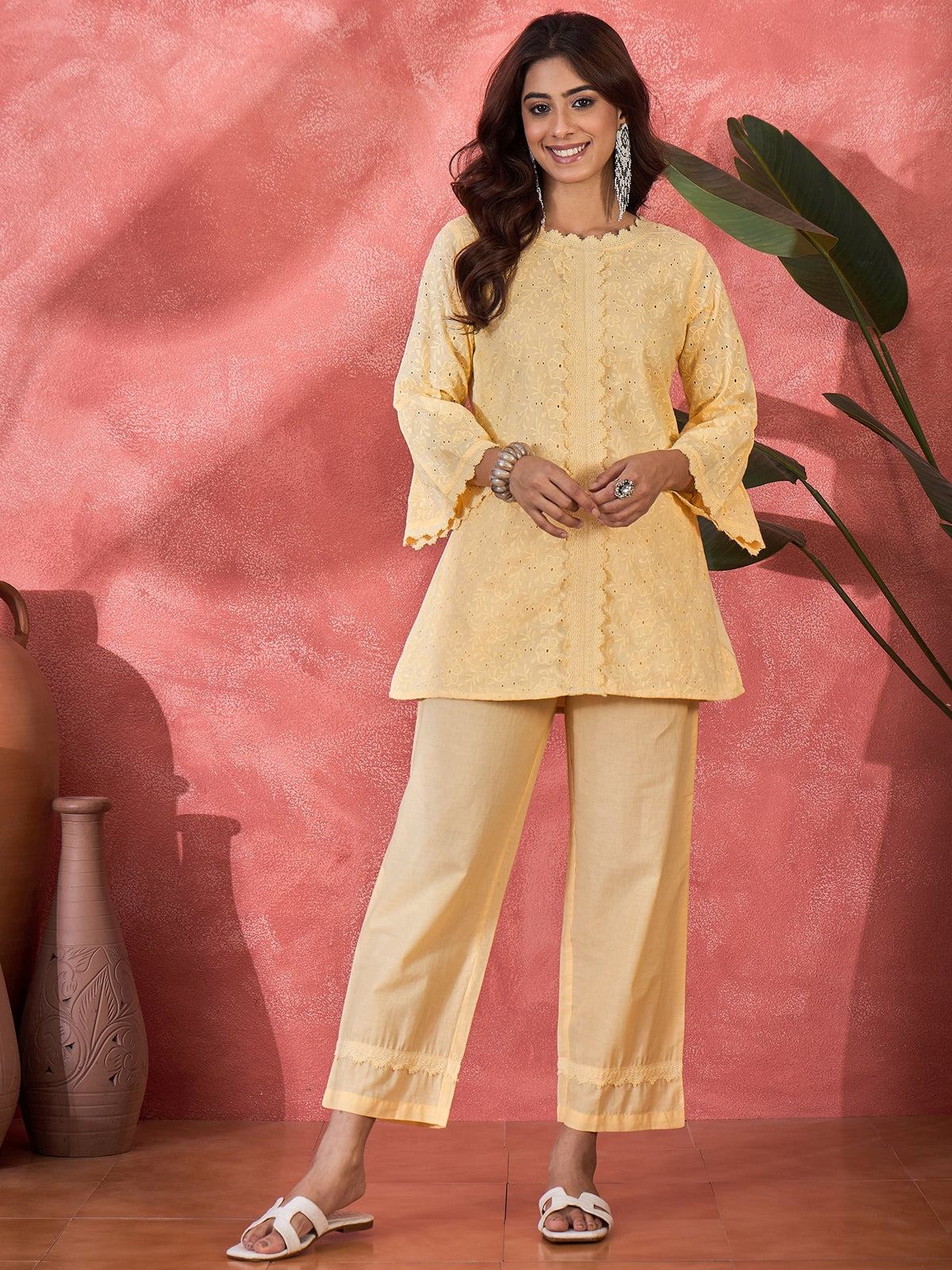 Cream Cotton Embroidered Readymade Kurta Co-ord Set