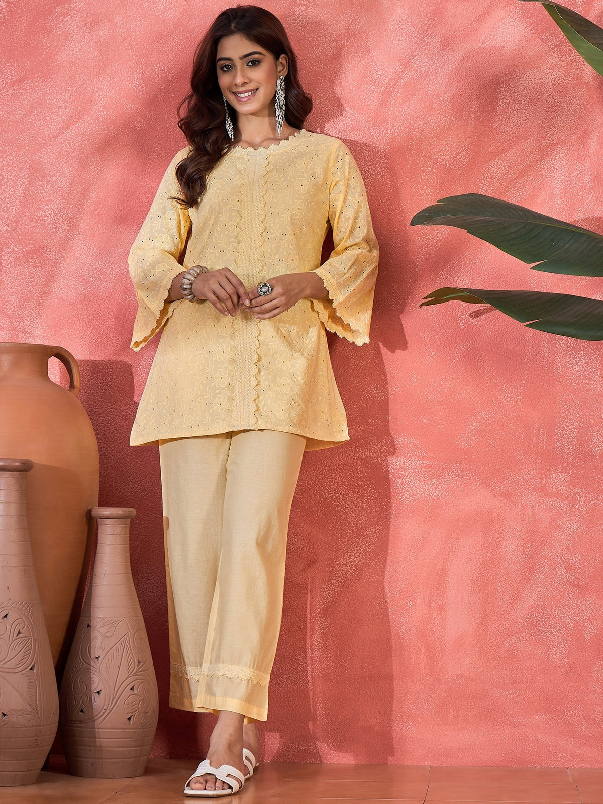 Cream Cotton Embroidered Readymade Kurta Co-ord Set
