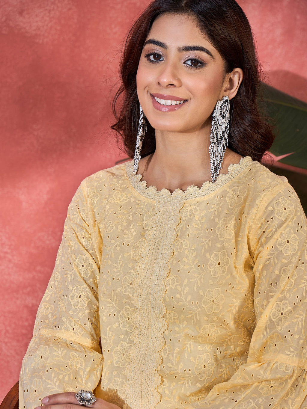 Cream Cotton Embroidered Readymade Kurta Co-ord Set