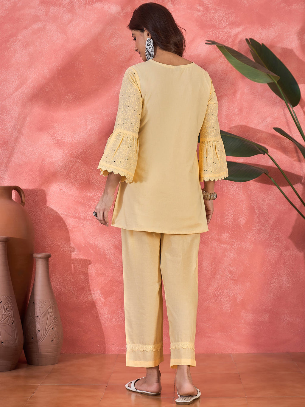 Cream Cotton Embroidered Readymade Kurta Co-ord Set