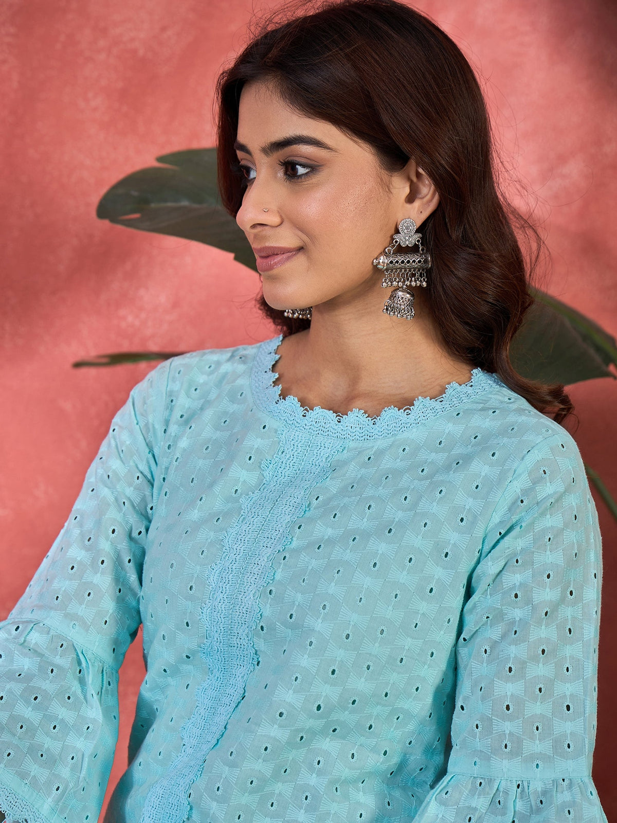 Sky Blue Cotton Embroidered Kurta Set for Women Ethnic Co-ord