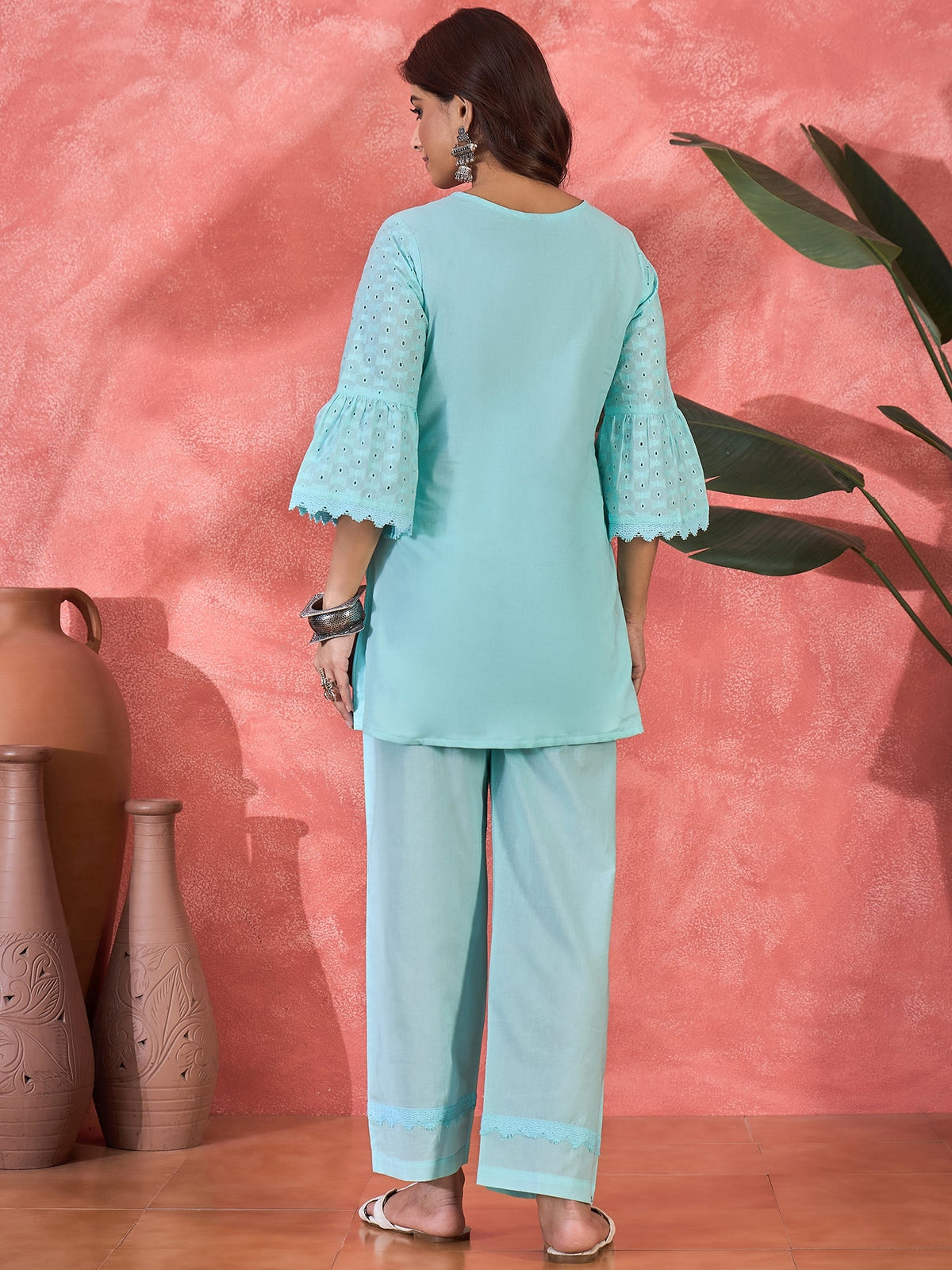 Sky Blue Cotton Embroidered Kurta Set for Women Ethnic Co-ord