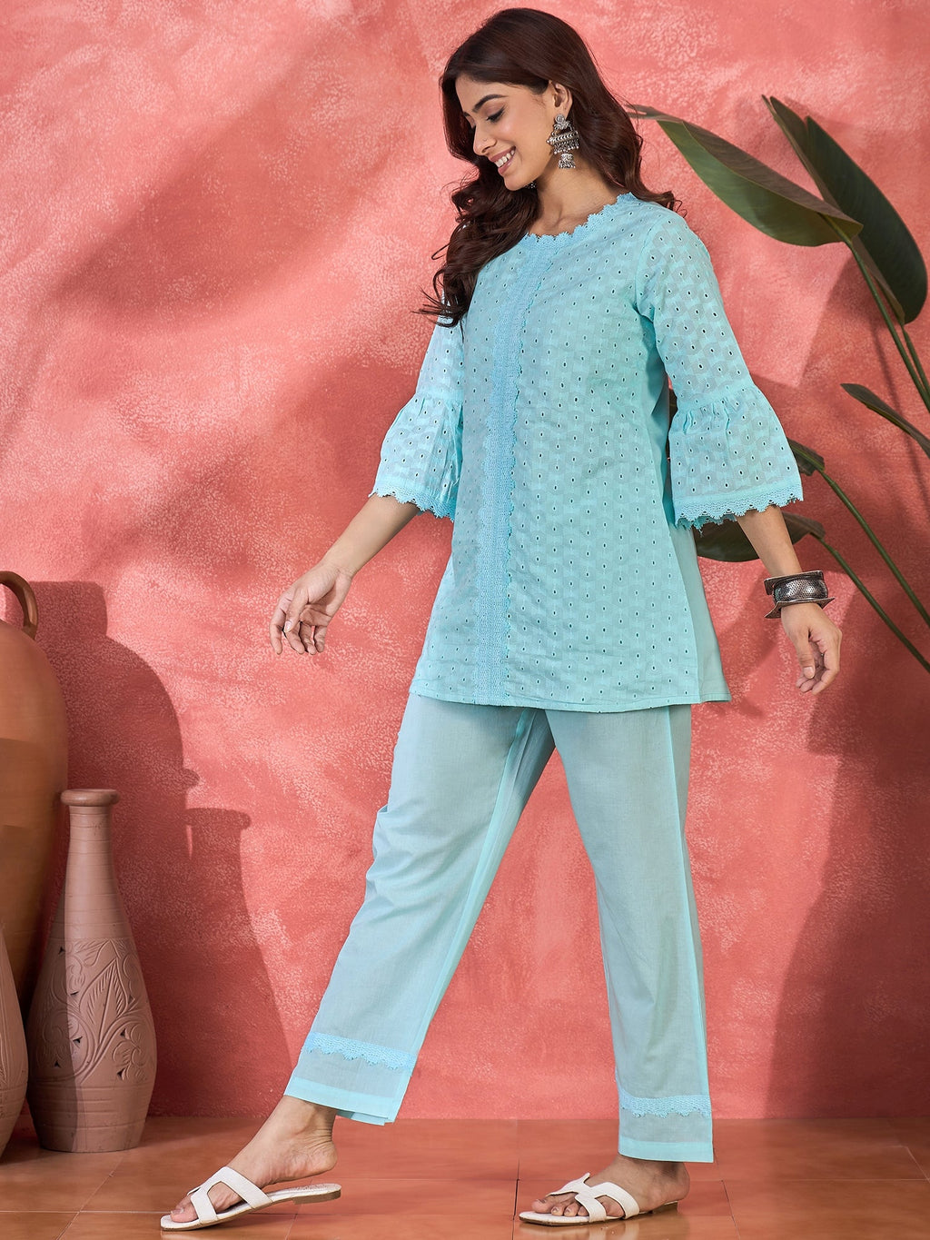 Sky Blue Cotton Embroidered Kurta Set for Women Ethnic Co-ord