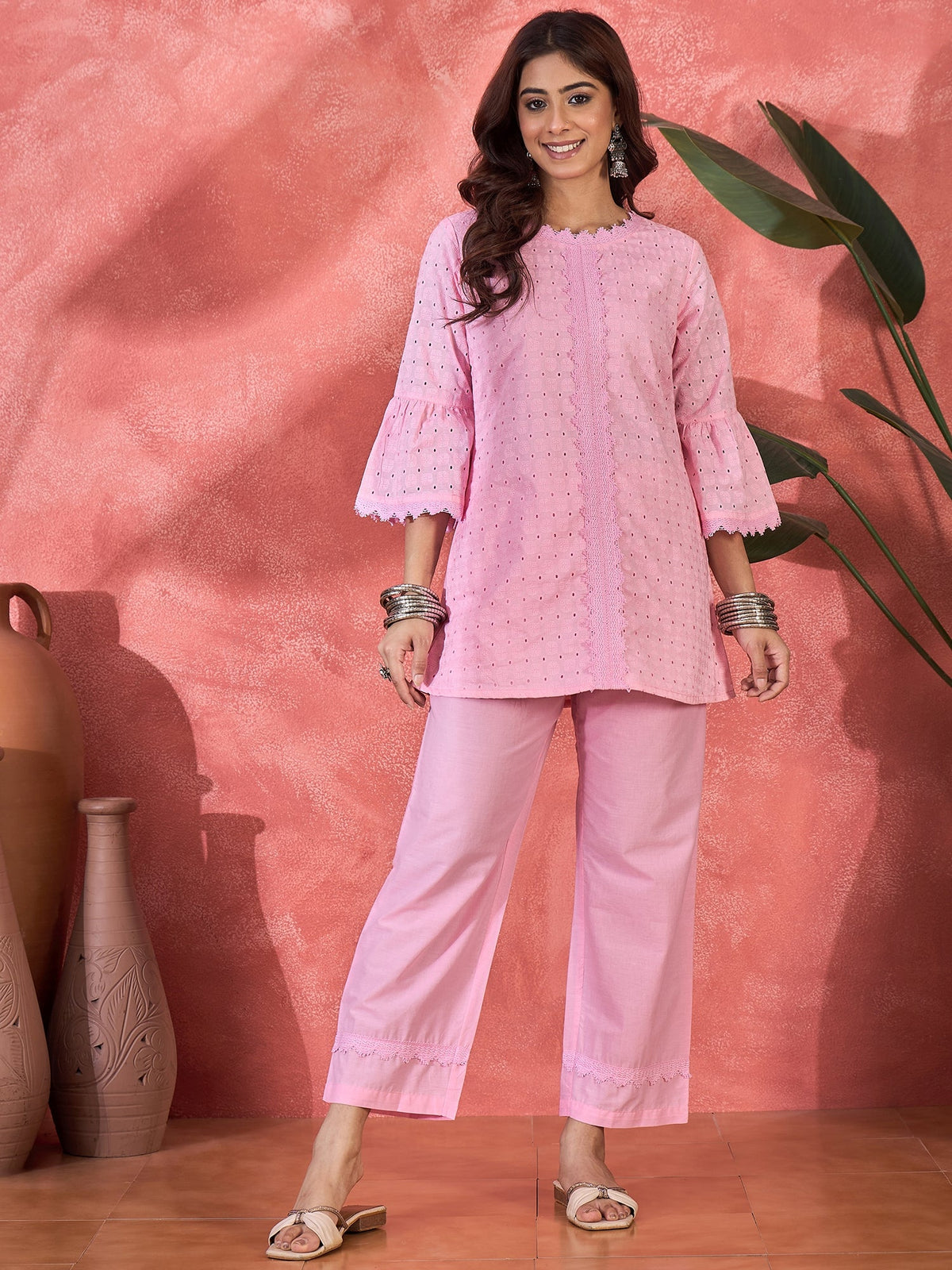 Vibrant pink cotton embroidered ethnic co-ord kurta set