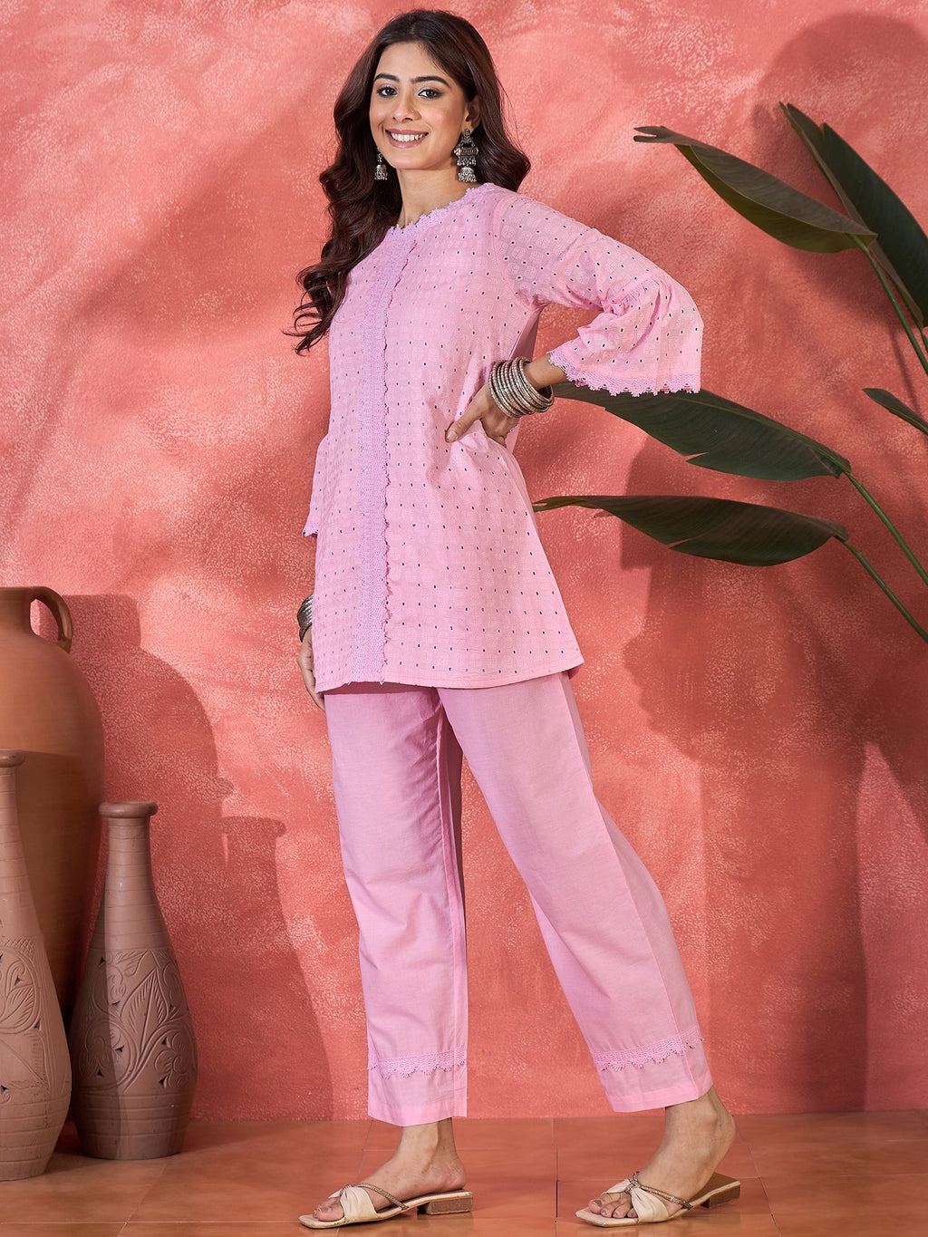 Pink Cotton Embroidered Ethnic Co-ord Kurta Set