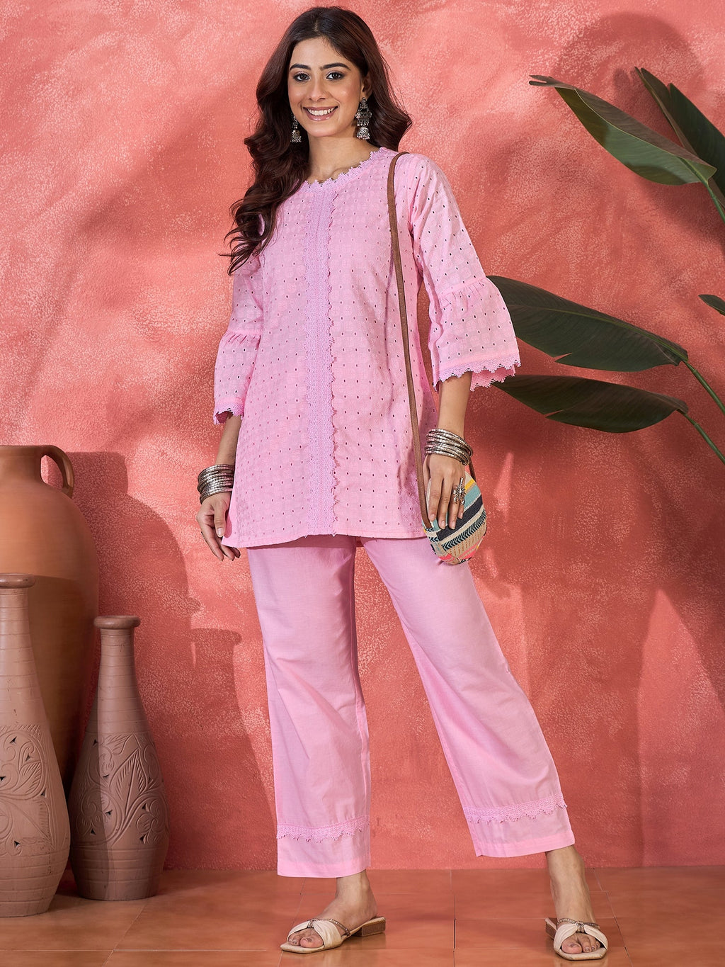 Pink Cotton Embroidered Ethnic Co-ord Kurta Set