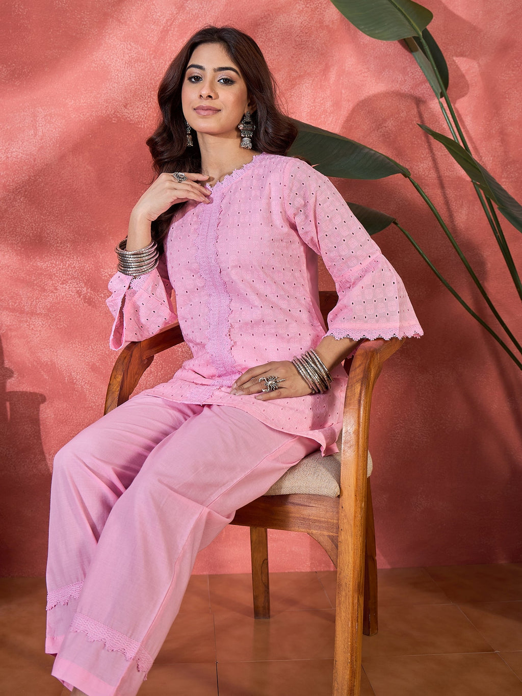 Pink Cotton Embroidered Ethnic Co-ord Kurta Set