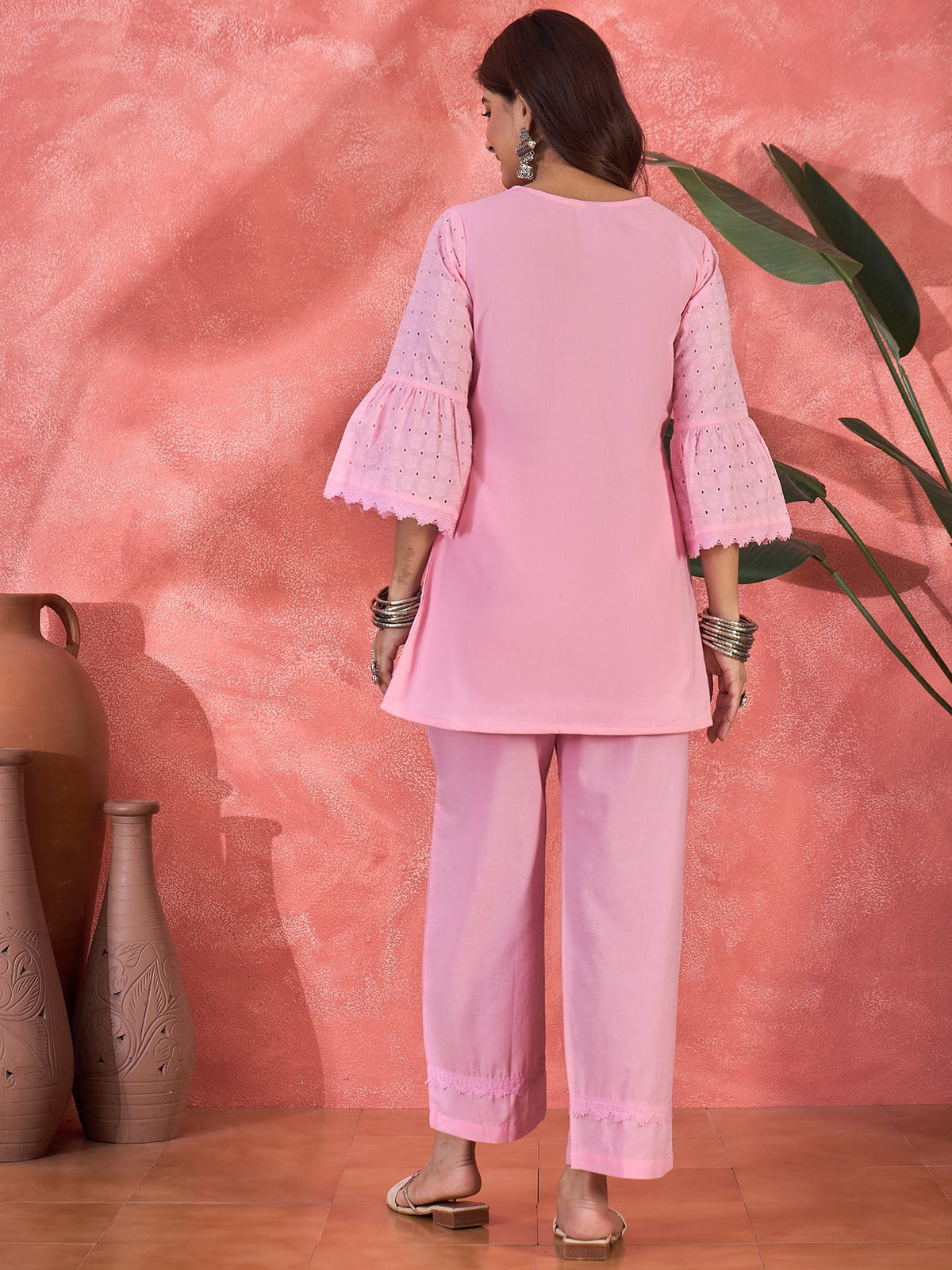 Pink Cotton Embroidered Ethnic Co-ord Kurta Set