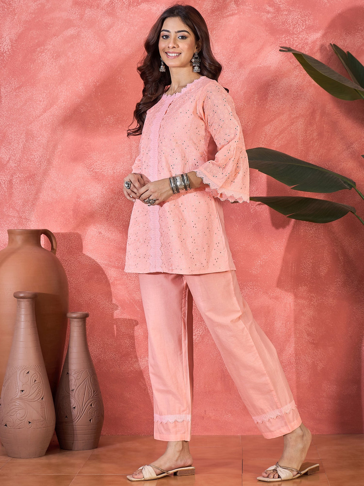 Peach Cotton Embroidered Readymade Ethnic Co-ord Set