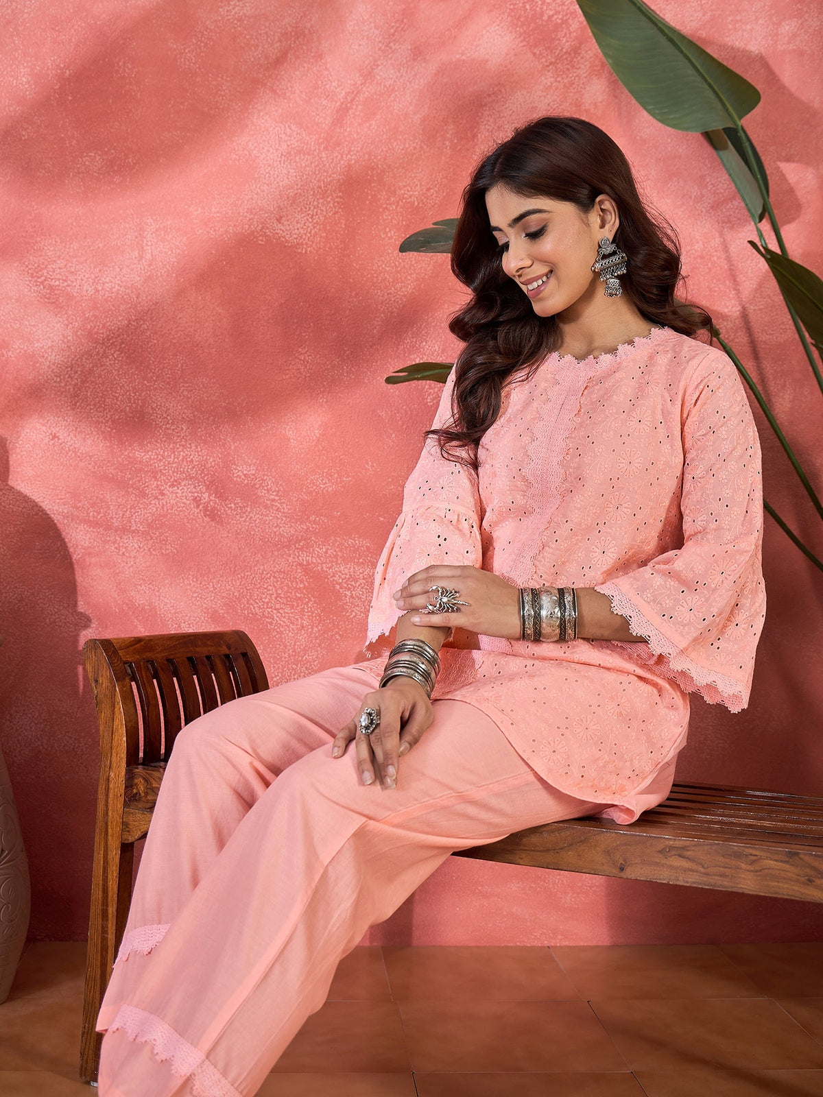 Peach Cotton Embroidered Readymade Ethnic Co-ord Set
