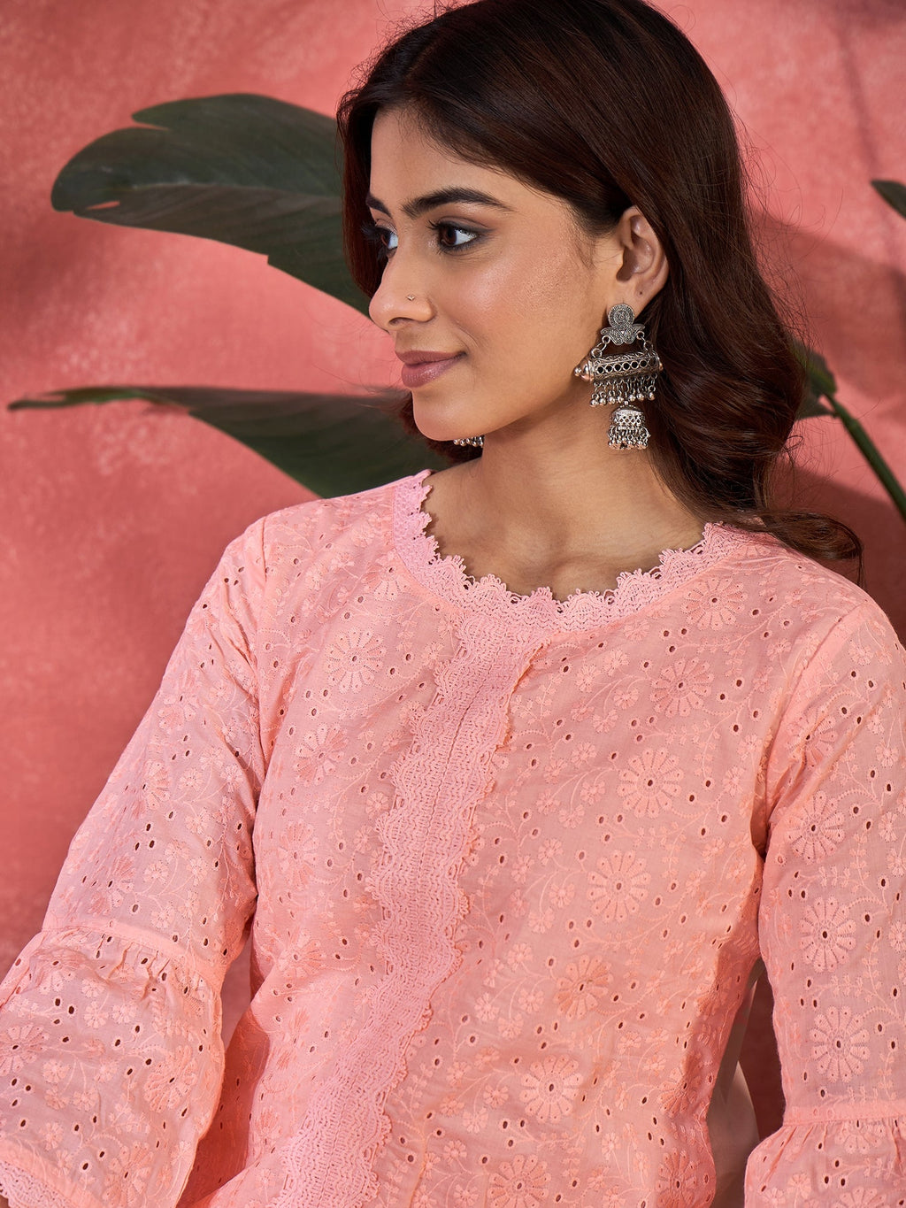 Peach Cotton Embroidered Readymade Ethnic Co-ord Set