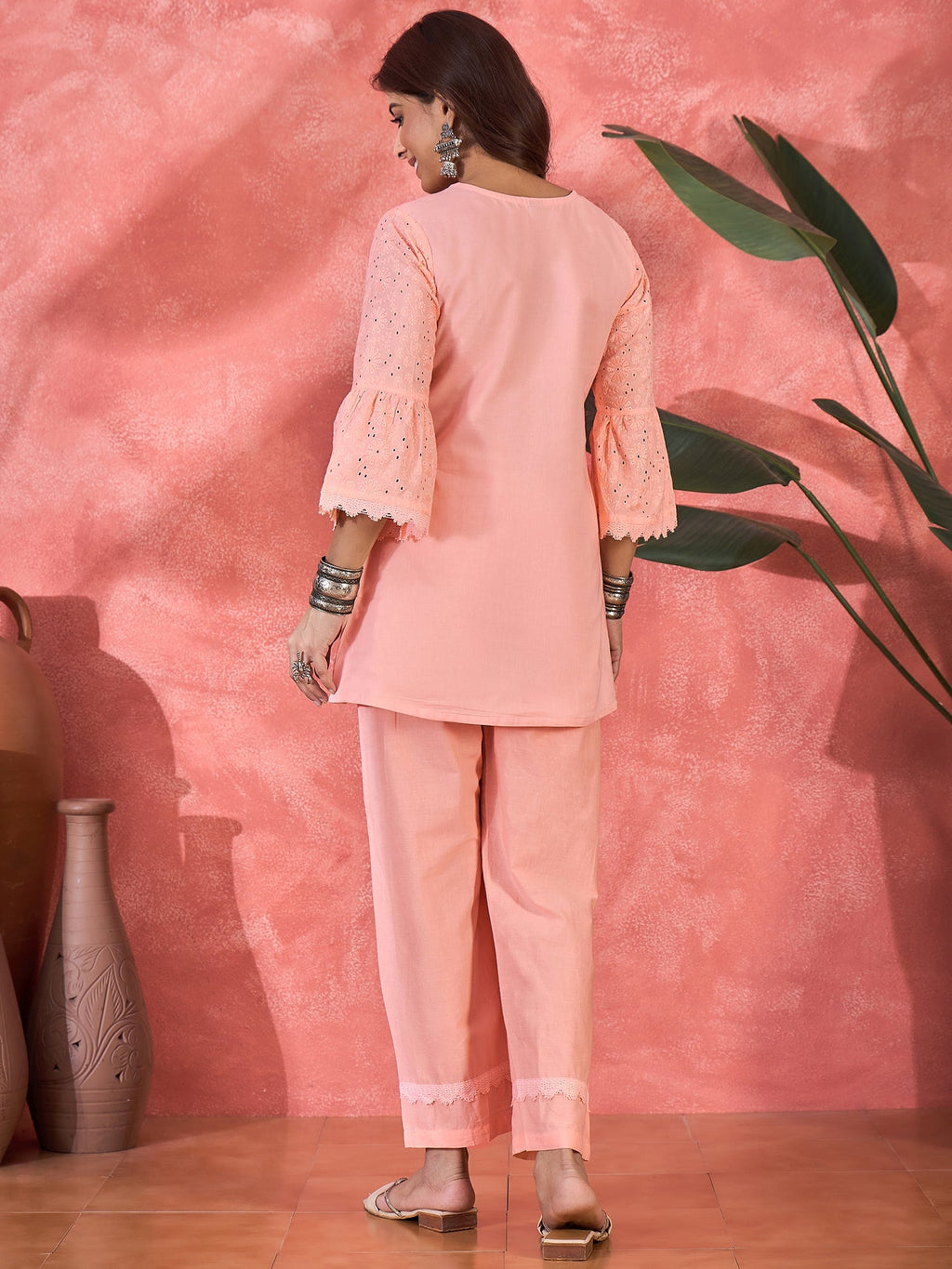Peach Cotton Embroidered Readymade Ethnic Co-ord Set