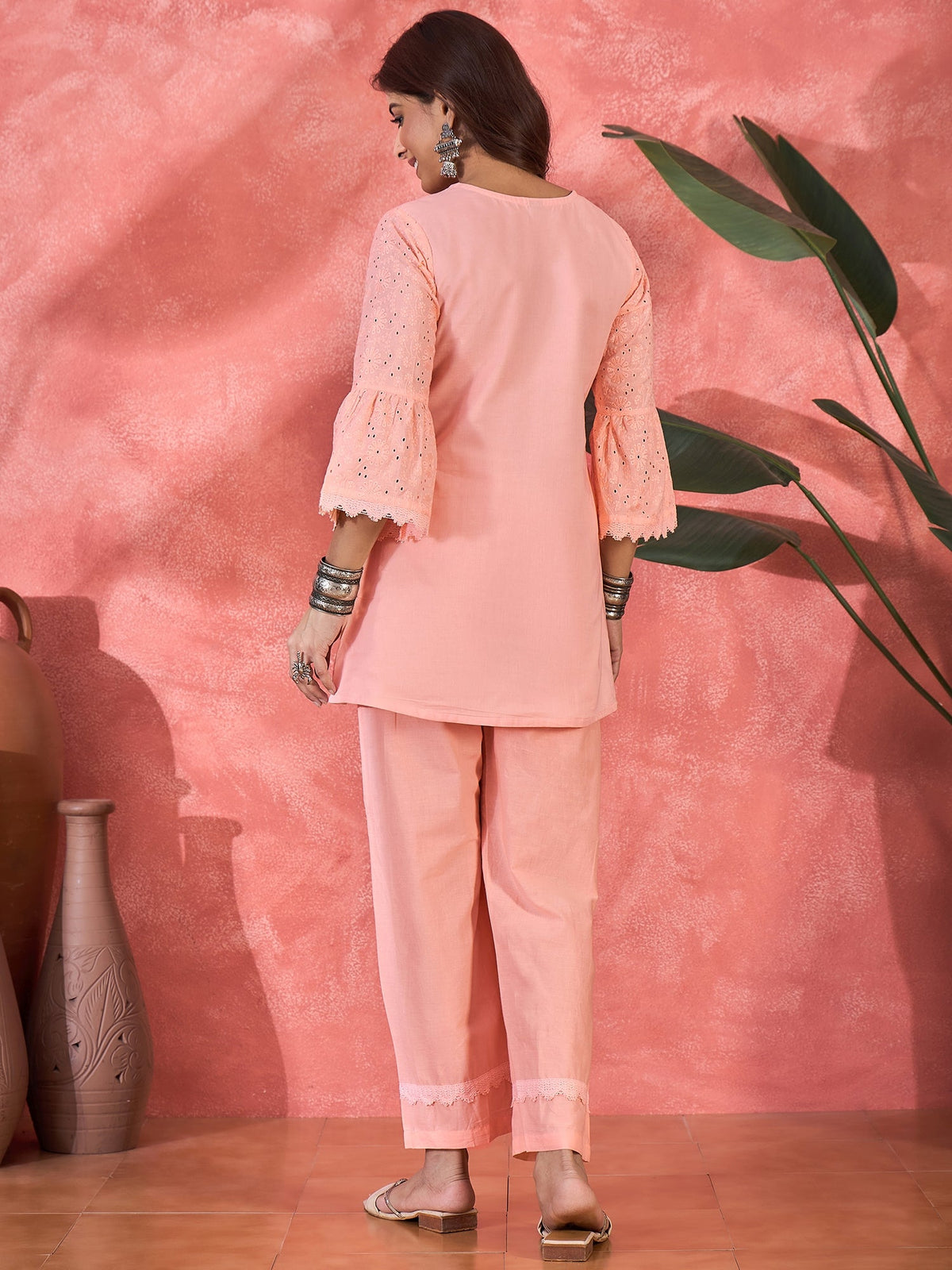 Peach Cotton Embroidered Readymade Ethnic Co-ord Set