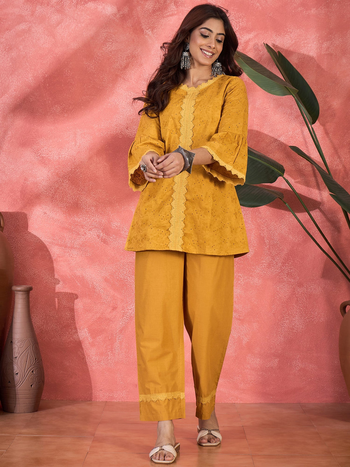 Mustard Cotton Embroidered Ethnic Co-ord Kurta Set