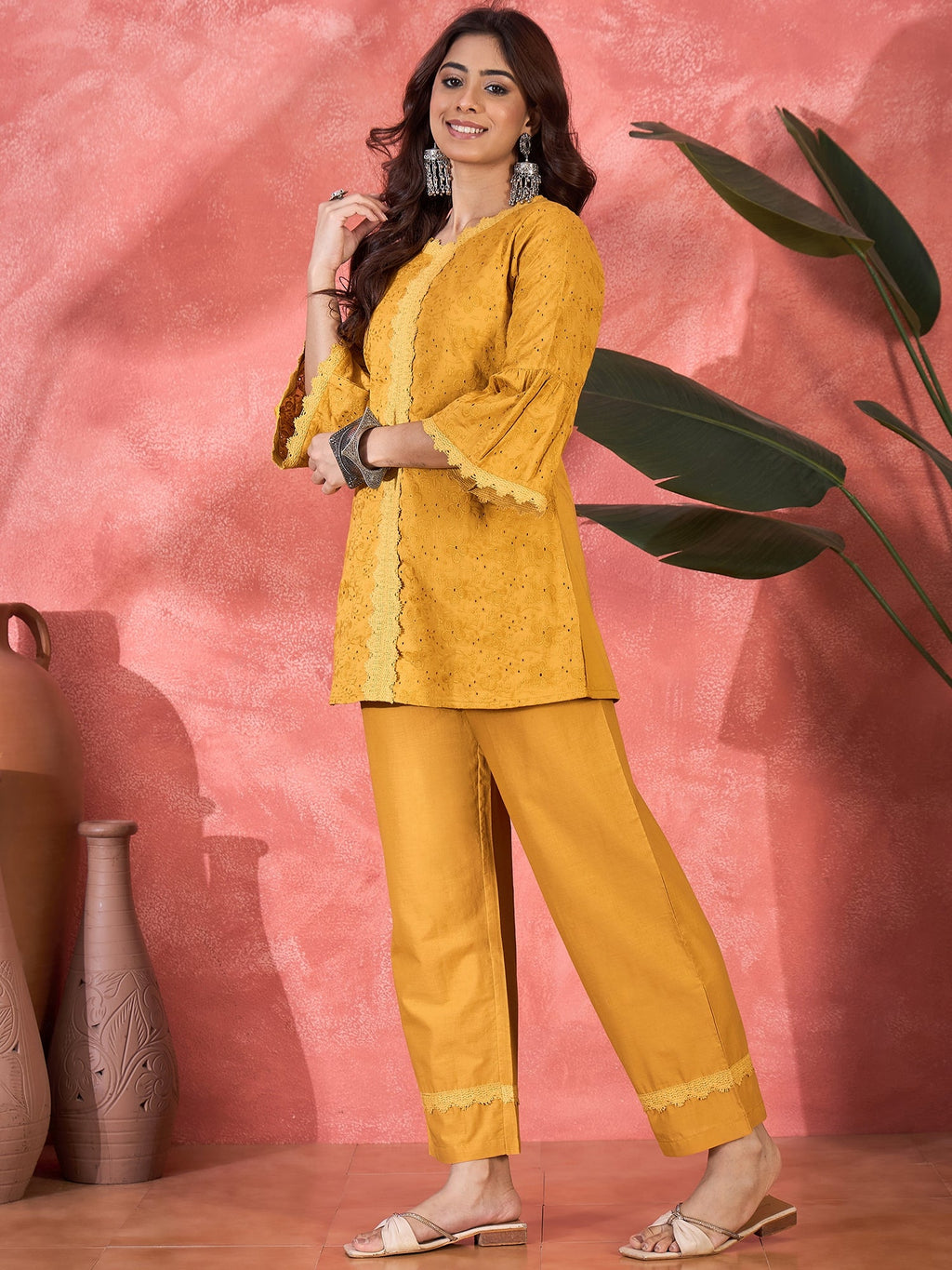 Mustard Cotton Embroidered Ethnic Co-ord Kurta Set