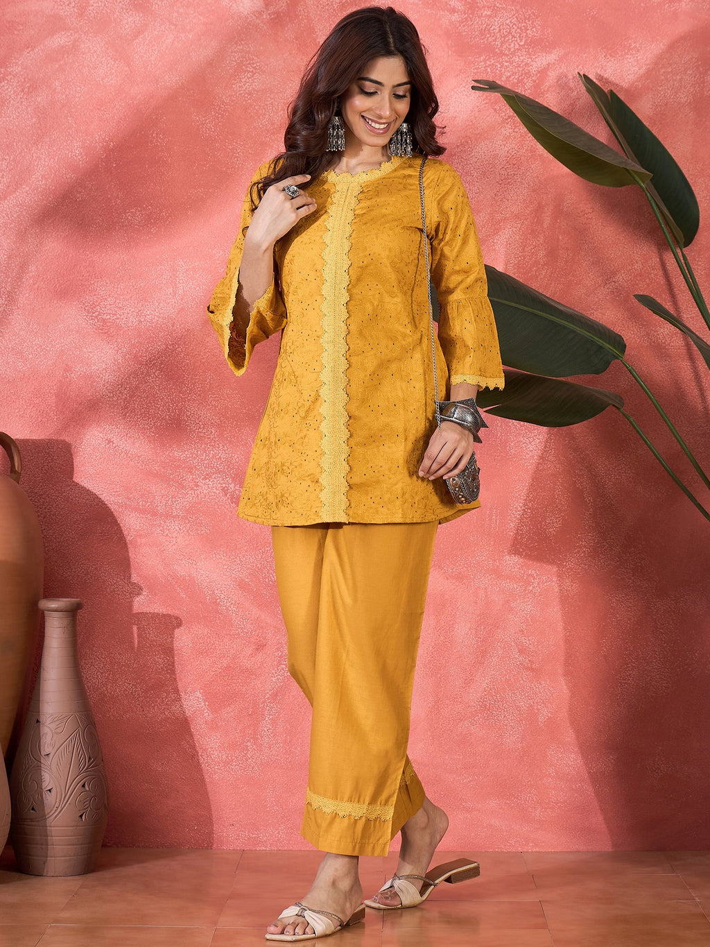 Mustard Cotton Embroidered Ethnic Co-ord Kurta Set