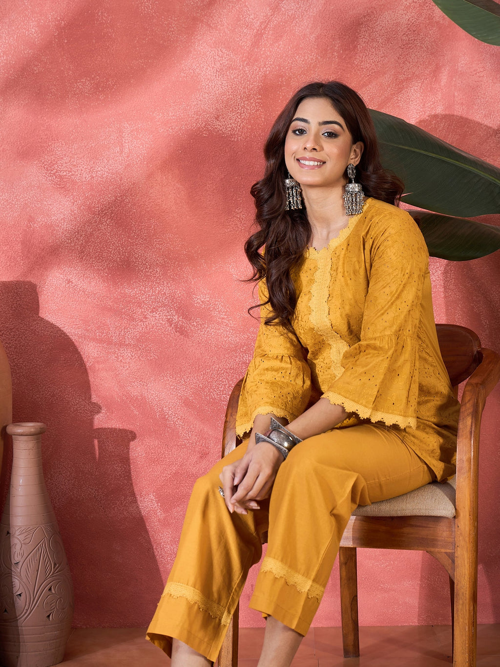 Mustard Cotton Embroidered Ethnic Co-ord Kurta Set