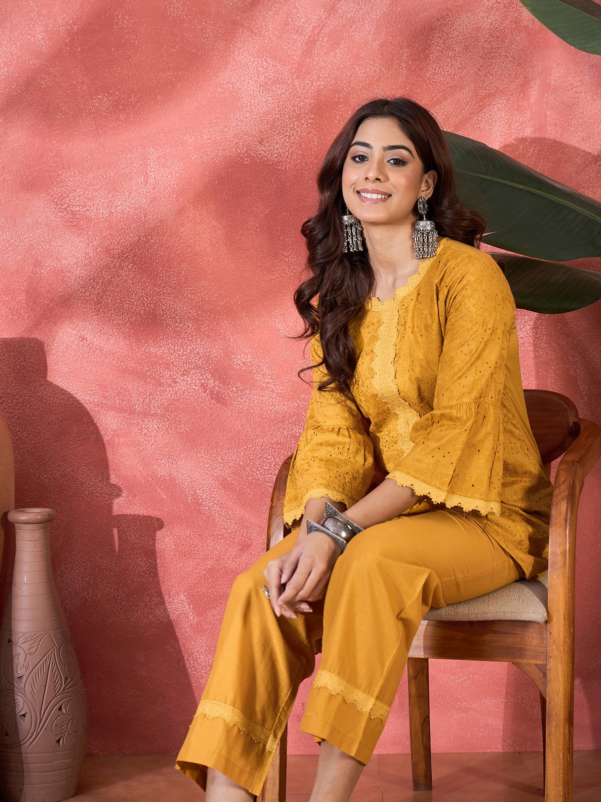 Mustard Cotton Embroidered Ethnic Co-ord Kurta Set